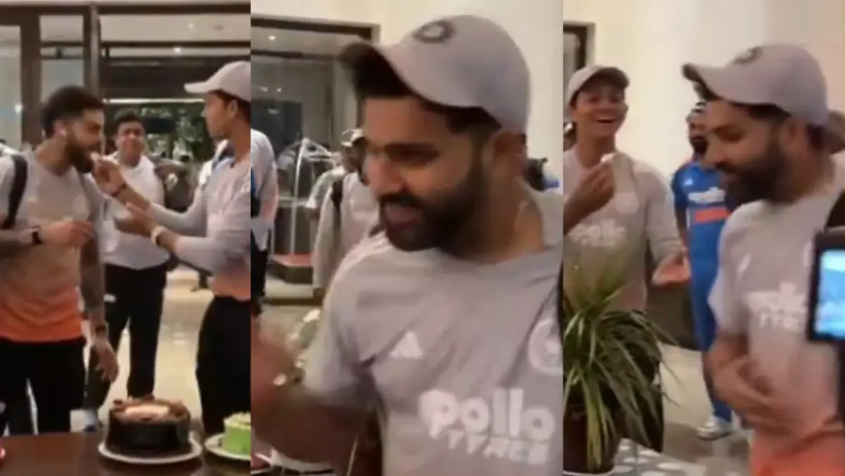 Virat Kohli, Yashasvi Jaiswal and Rohit Sharma celebrate India's win