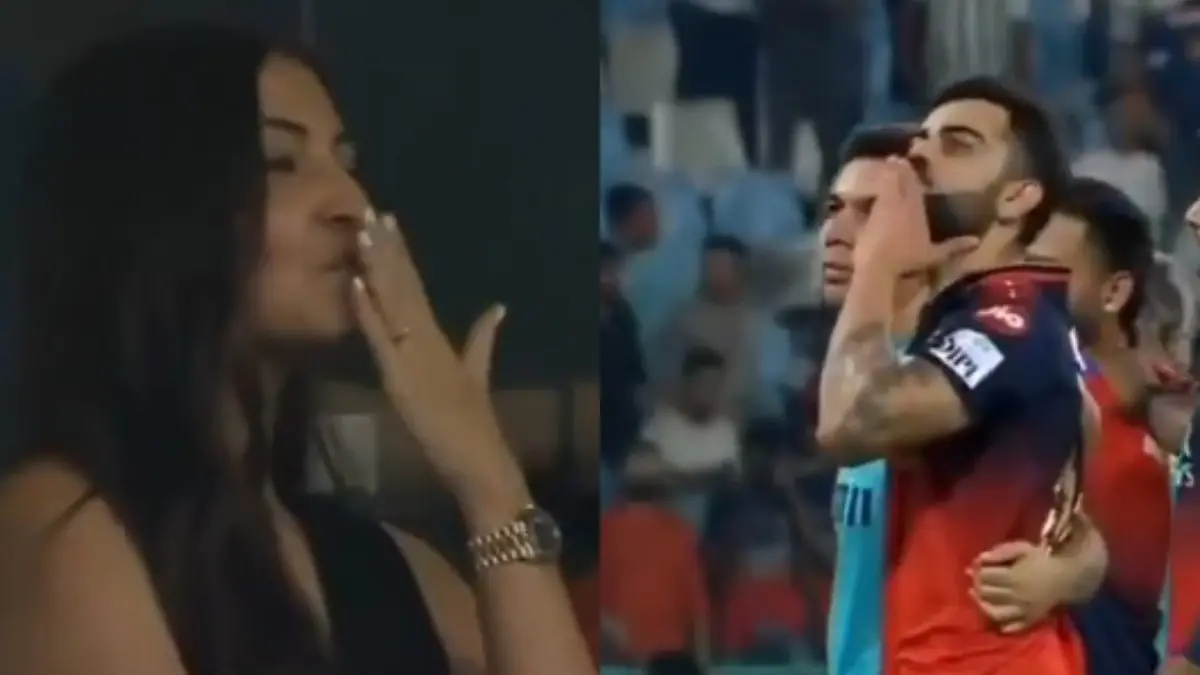 Virat Kohli-Anushka Sharma's Kiss Exchange Steals Show After RCB's Record Chase to Beat LSG Ensuring IPL 2025 Playoff Berth | WATCH VIDEO Virushka Exchange kisses