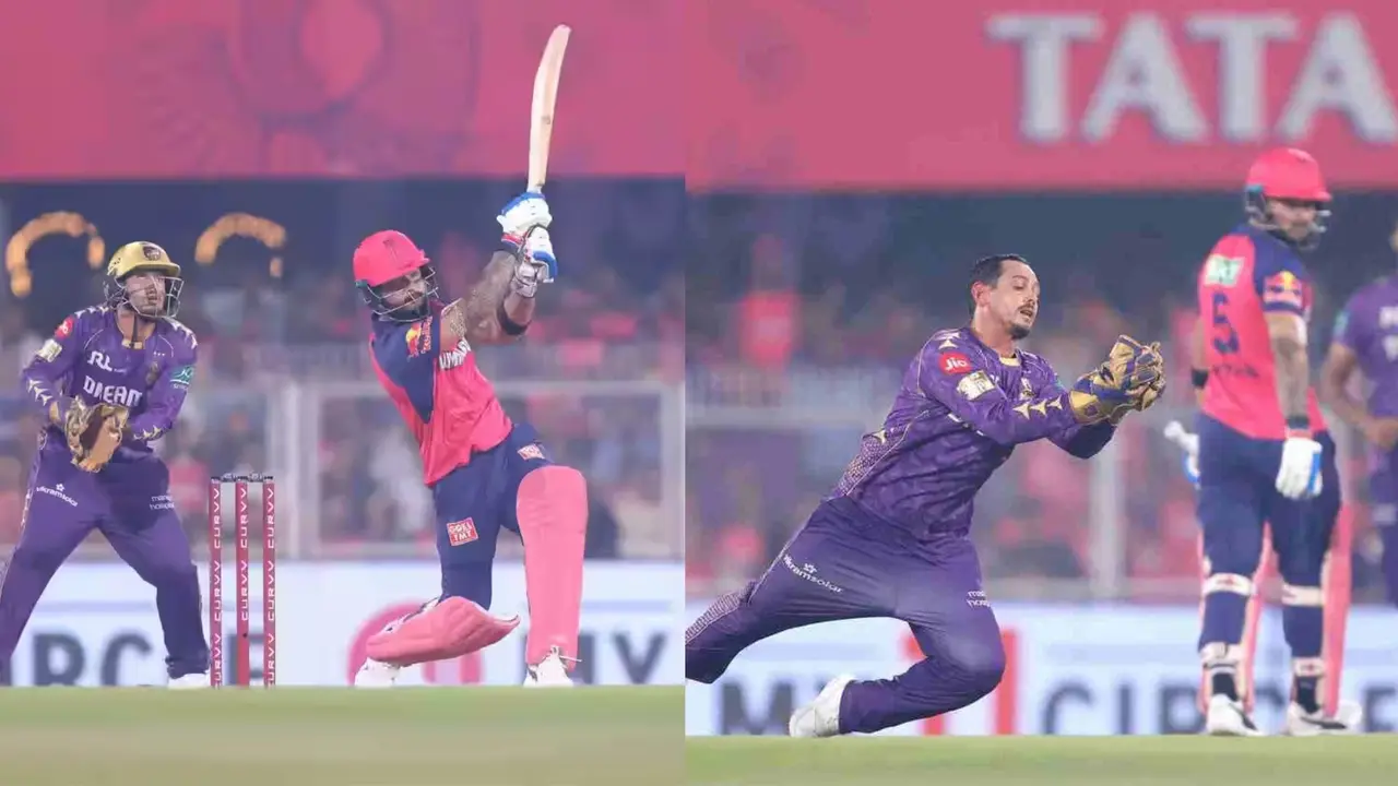 watch how Quinton de Kock remove the helmet and run for Riyan Parag catch in KKR vs RR Match