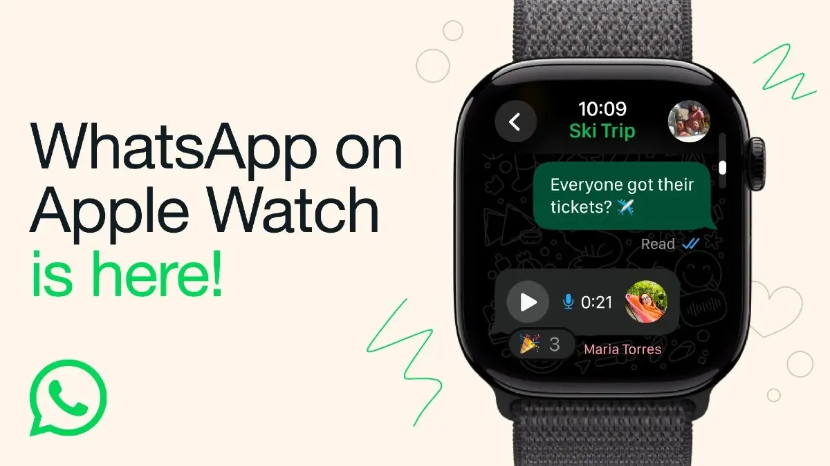 WhatsApp standalone app interface on Apple Watch showing message notifications, reply options and voice note recording feature without iPhone
