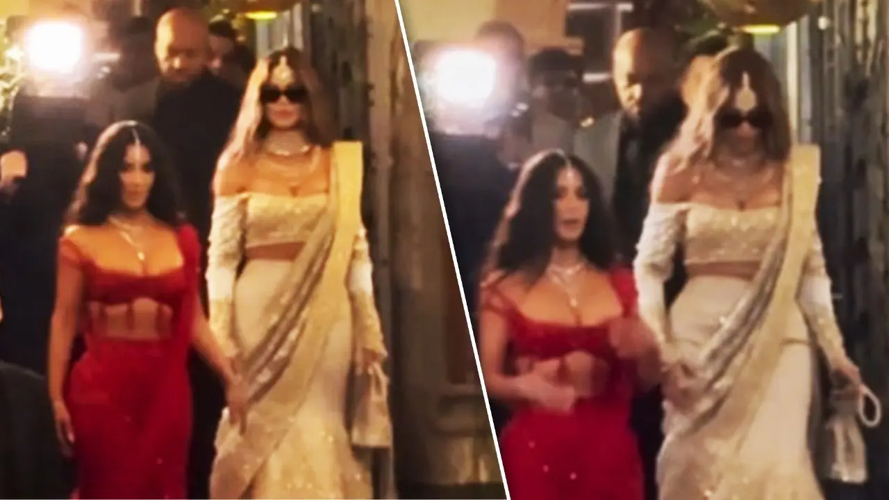 Kim Kardashian Embraces Tradition In Red Lehenga At Anant's Wedding, Khloe Joins In Ivory Ensemble Kim and Khloe Kardashian