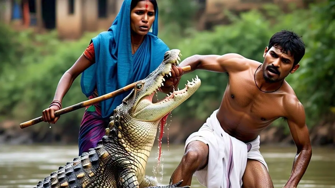 wife-save-life-husband-from-crocodile-in-river
