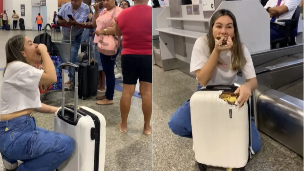 Woman Starts Eating 'Suitcase' at Airport Turns Out to be 'Cake' | WATCH Woman Eating Suitcase viral video