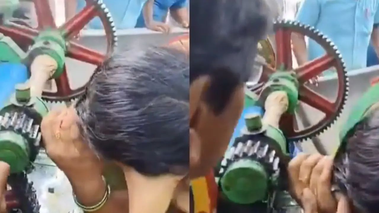 Woman Rescued After Hair Gets Stuck in Sugarcane Machine | VIRAL VIDEO Woman's Hair Gets Stuck in Sugarcane Juice Machine, viral video