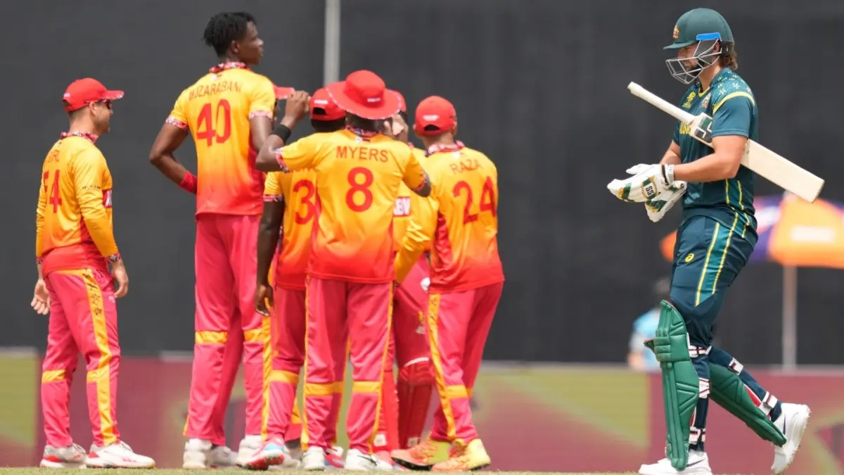 Zimbabwe Beat Australia To Stage First Upset Of T20 World Cup 2026 Zimbabwe players celebrating after dismissing Australia's Tim David