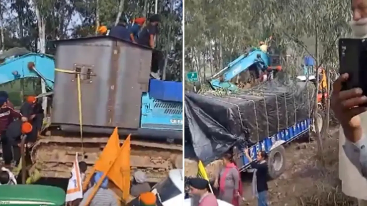 poclain machine jcb farmers protest