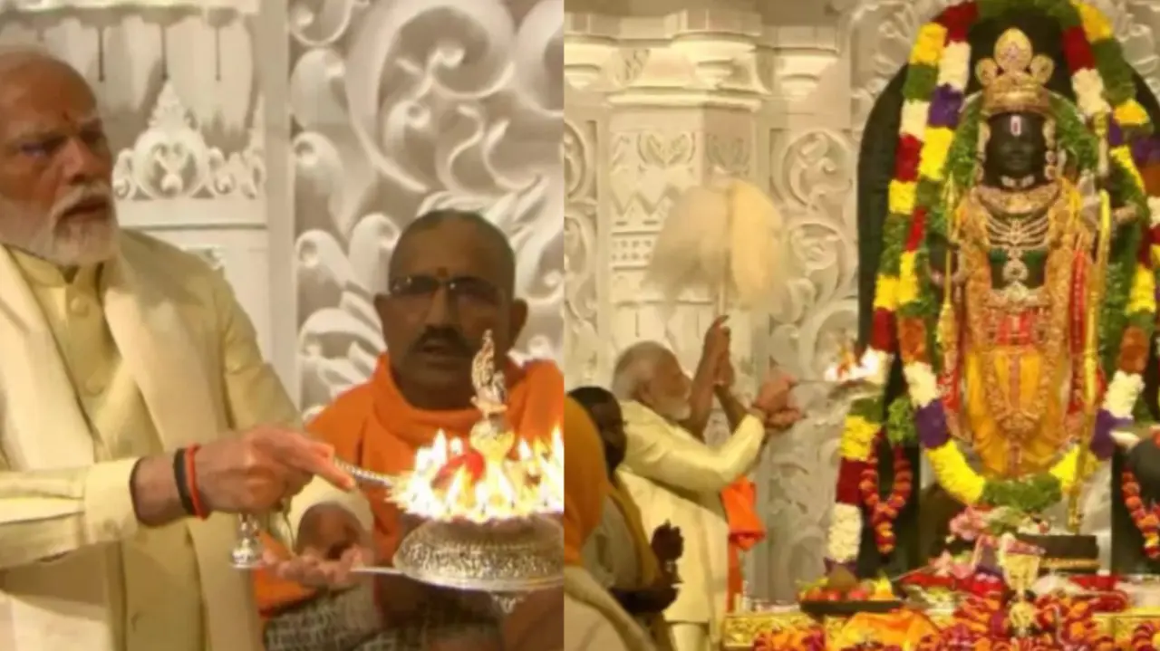 Accompanied by RSS chief Mohan Bhagwat, Prime Minister Narendra Modi on Monday performed the much-awaited Pran Pratishtha ceremony inside Garbh Griha of Ram Mandir in Ayodhya. A team of priests led by Lakshmikant Dixit led the main rituals, which lasted for 84 seconds. The Pran Pratishtha of Shri Ram Lalla at Ayodhya Temple began at 12:30 pm and it culminated before 1 PM. Crafted by sculptor Arun Yogiraj from Mysuru, the 51-inch-tall, 1.5-tonne idol was adorned with gold and flowers after the ceremony. Top honchos like Amitabh Bachchan, Sachin Tendulkar, Anil Kumble, Virat Kohli, Akash Ambani, Nita Ambani, and dignitaries from film fraternity, saint society, politics, art, literature and culture and other fields graced the ceremony. A look at how the historic moment unfolded in Ayodhya.