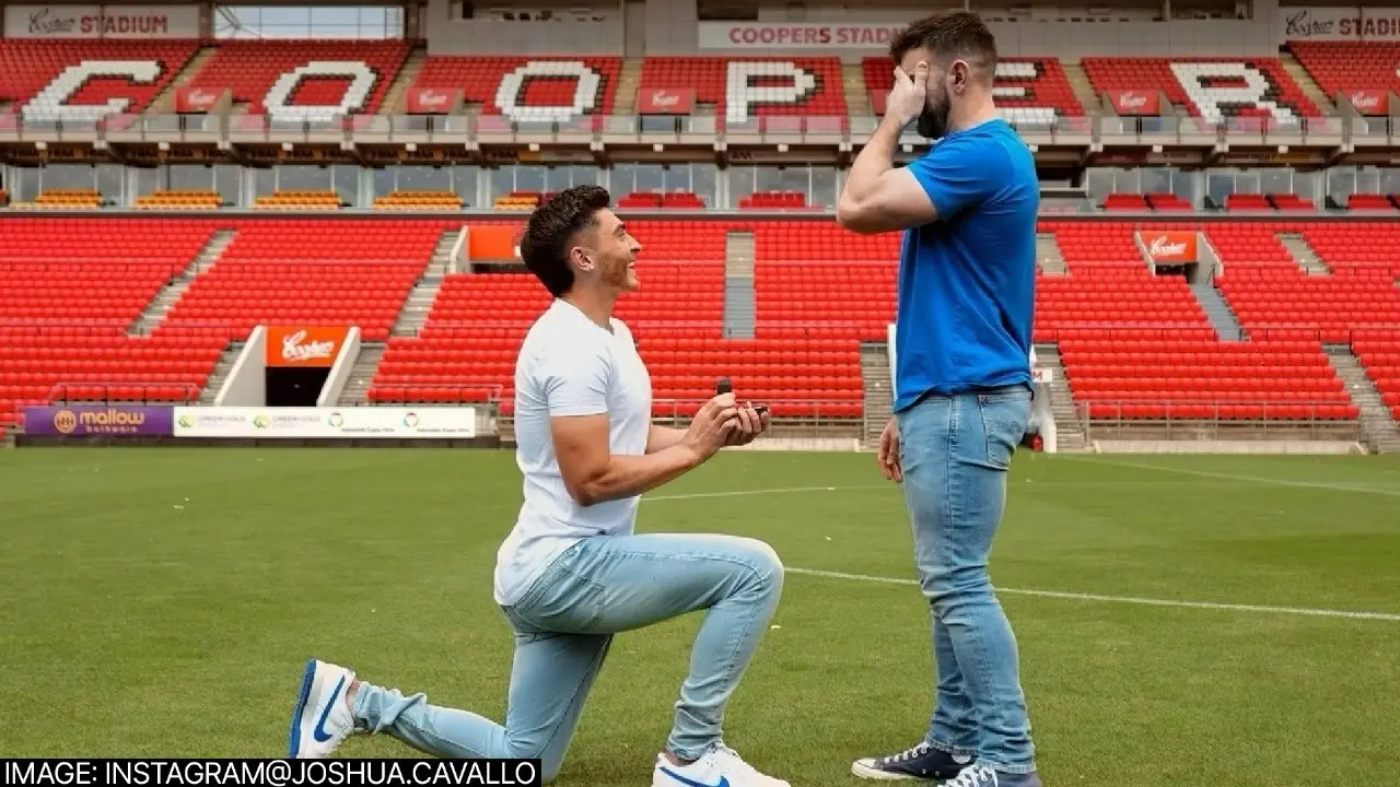 Australian gay footballer Josh Cavallo proposed his partner Leighton Morrell on ground