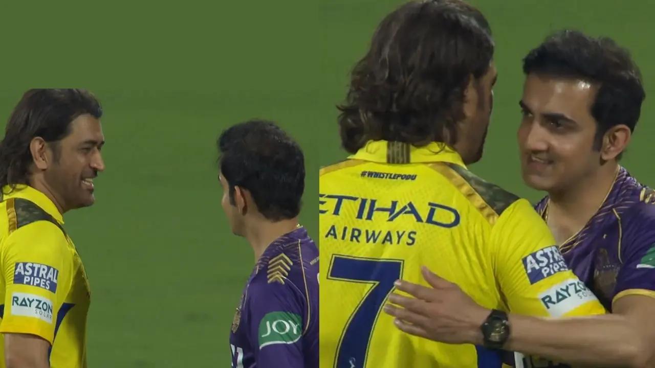 Gautam Gambhir hugs MS Dhoni after csk beat kkr