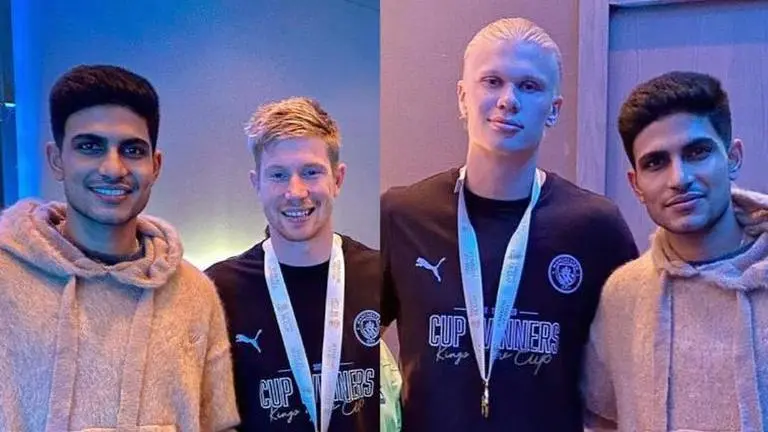 Shubman Gill poses with UEFA Champions League winners De Bruyne and Haaland; see pics Shubman Gill with Erling Haaland