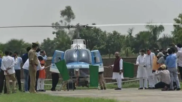 Targeted spraying of chemicals in Jaisalmer by Bell helicopter