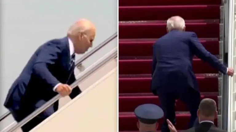 US President Joe Biden stumbles up stairs of Air Force One on his way to California Joe Biden
