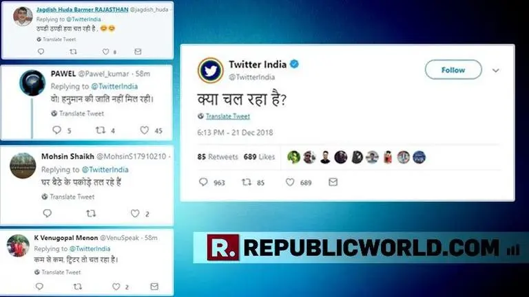 Twitter India randomly asks 'Kya Chal Raha Hai'; Internet comes up with most inane responses including "FOGG" Twitter India randomly asks 'Kya Chal Raha Hai'; Internet comes up with most inane responses including "FOGG"