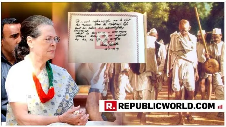 ACCESSED: Sonia Gandhi's hand-written entry in the Visitors' book at the Gandhi Ashram in Sabarmati, Gujarat, on the anniversary of the Dandi march