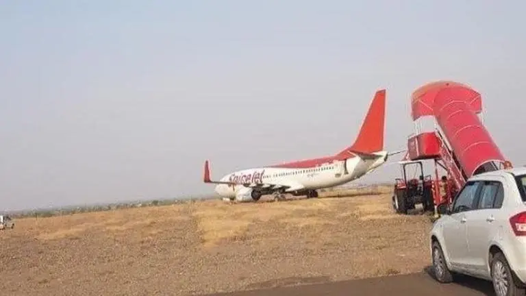 First visuals of the SpiceJet Boeing 737-800 plane that overshot the runway at Shirdi