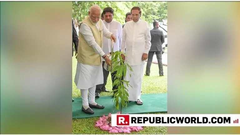 PM Modi plants an 'Ashoka' sapling at Sri Lankan President's residence on his first visit to the island nation after the Easter terror attacks