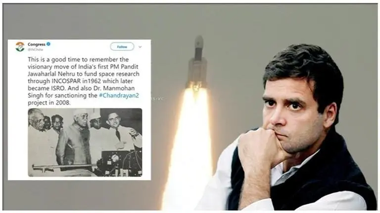 Chandrayaan-2 launch: Congress faces massive social media backlash after crediting ISRO's mission success to former PMs Jawaharlal Nehru & Manmohan Singh Chandrayaan-2 launch: Congress faces massive social media backlash after crediting ISRO's mission success to former PMs Jawaharlal Nehru & Manmohan Singh