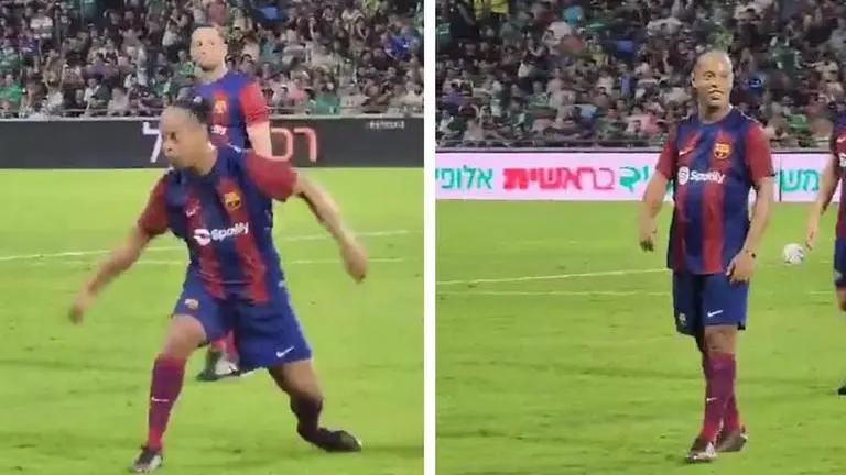Ronaldinho schools pitch invader with epic skill during Barcelona legends’ match - WATCH Ronaldinho