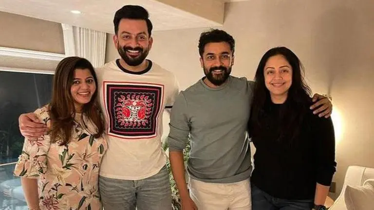 Prithviraj Sukumaran and Supriya Menon spend 'beautiful evening' with Suriya and Jyothika Prithviraj Sukumaran, Surpiya Menon, Jyothika and Suriya