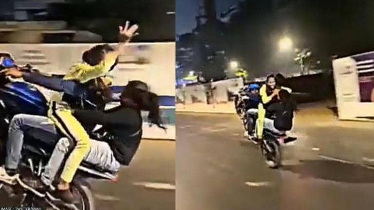 Mumbai biker goes viral for performing 'wheelie' stunt with two women ...