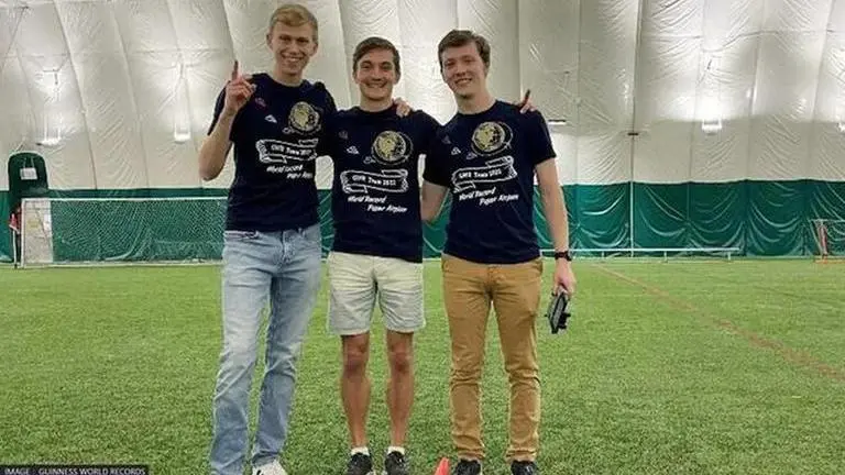 Three Engineers break Guinness World Record for farthest paper airplane flight Dillon Ruble, Nathan Erickson, and Garrett Jensen