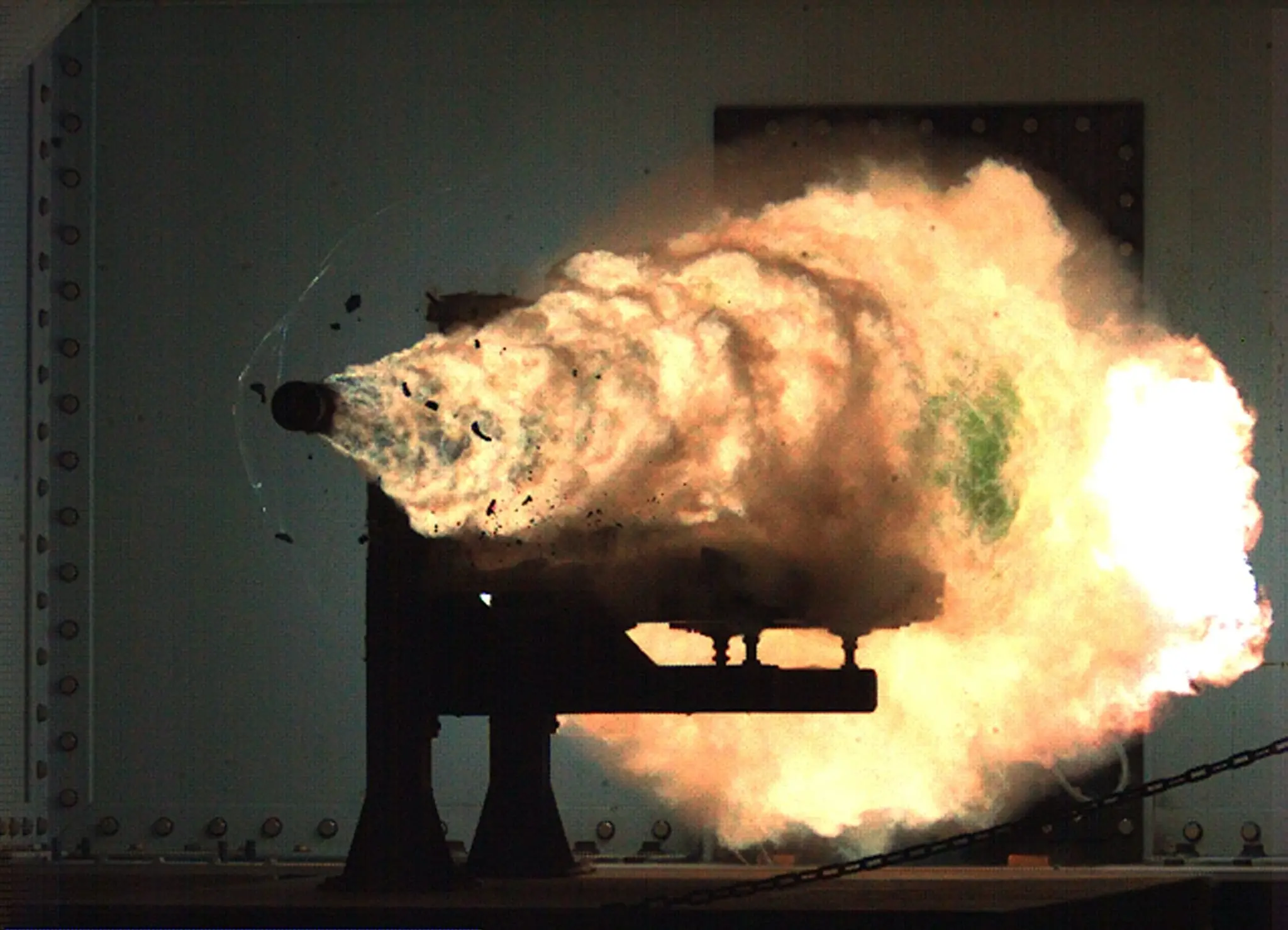 An Railgun firing a high velocity projectile 