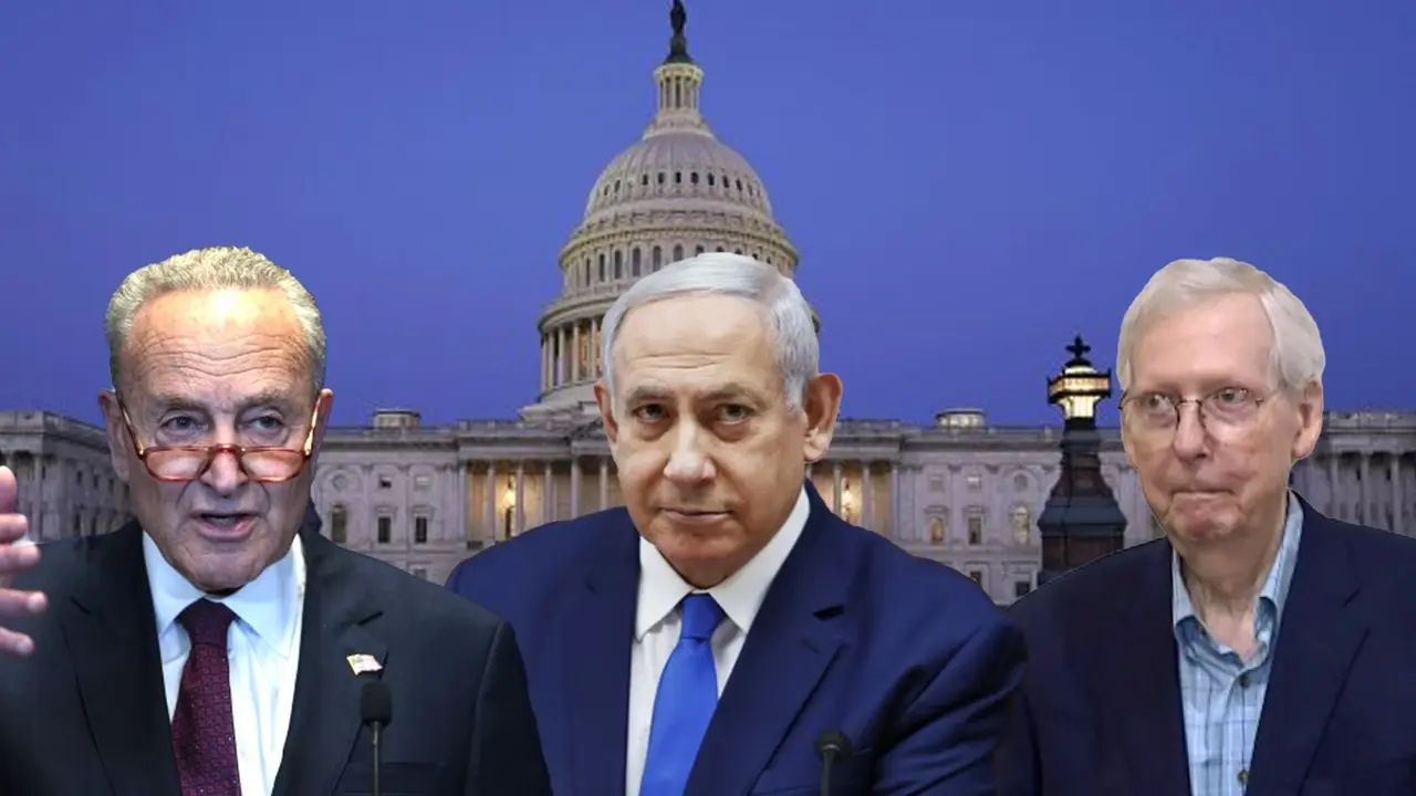 Israel and Republicans Furious After Schumer Suggests Regime Change in Jerusalem Chuck Schumer (left), Benjamin Netanyahu (centre) and Mitch McConnell (right).