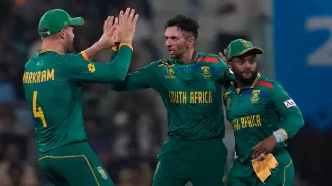ODI World Cup: SA thrash AUS by 134 runs despite Labuschagne's firm effort, Aussies remain winless Keshav Maharaj celebrates after taking down Glenn Maxwell