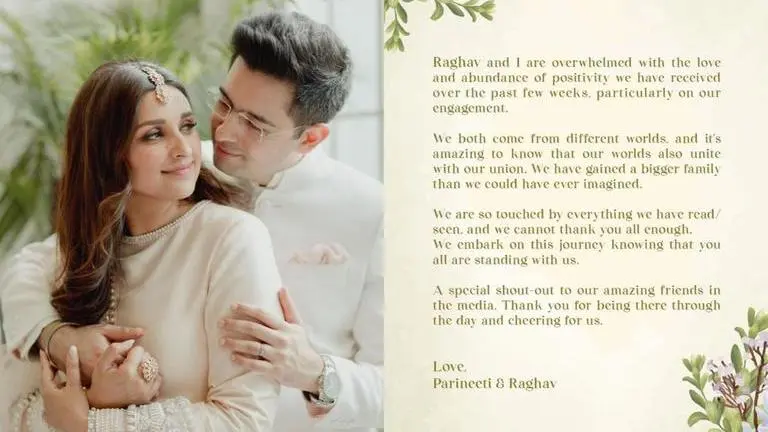 Parineeti Chopra, Raghav Chadha are 'overwhelmed with abundance of love' on engagement Raghav Chadha-Parineeti Chopra