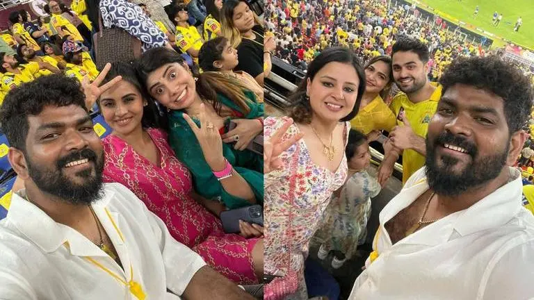 MS Dhoni's wife Sakshi Dhoni, Rivaba Jadeja pose with Vignesh Shivan at IPL final Vignesh Shivan