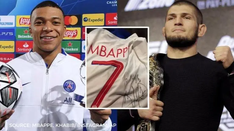 Khabib Nurmagomedov gets signed shirt from Kylian Mbappe after watching PSG beat Barcelona Khabib Nurmagomedov