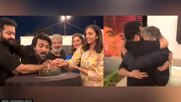 'RRR': Ram Charan shares a group hug with Jr NTR, SS Rajamouli on his birthday; Watch RRR