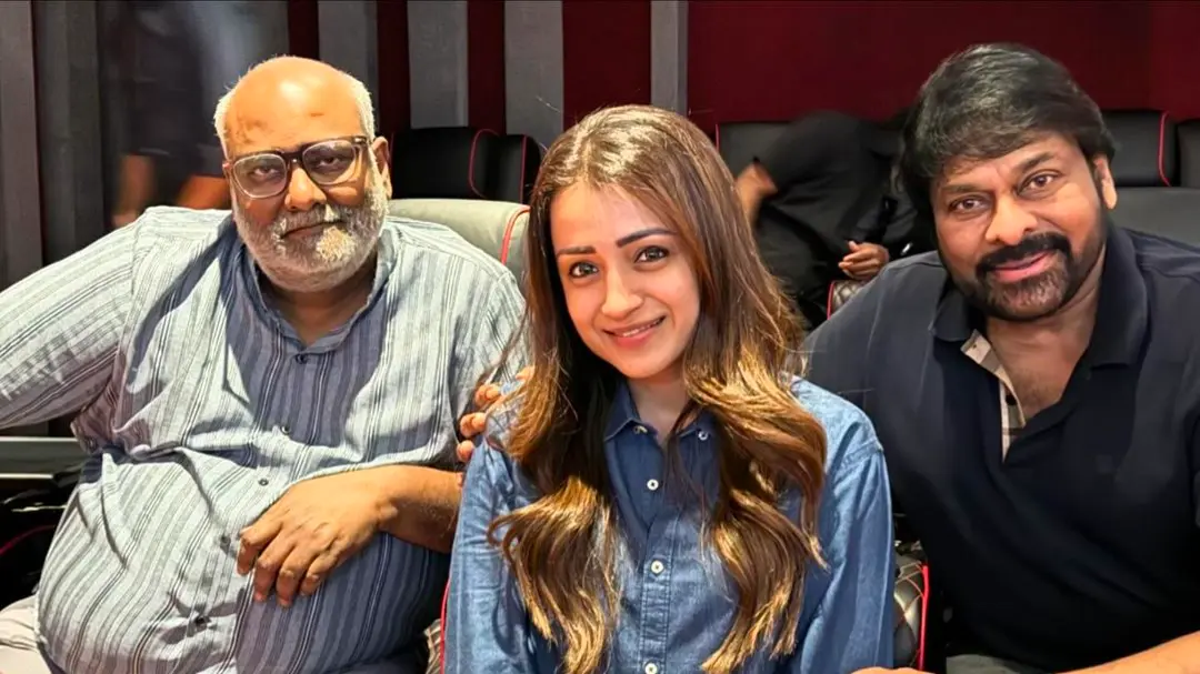 Vishwambhara: Trisha Krishnan Shares Glimpse From 'Divine Morning' With Chiranjeevi, MM Keeravani MM Keeravani, Trisha Krishnan, Chiranjeevi
