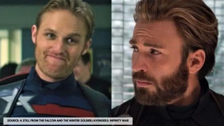 The Falcon and the Winter Soldier: How is John Walker the exact opposite of Steve Rogers? In picture: Wyatt Russell as John Walker and Chris Evans as Steve Rogers in The Falcon And The Winter Soldier and Avengers: Infinity War