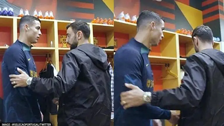 Watch: Bruno Fernandes' 'frosty' handshake with Ronaldo amid bombshell Man Utd interview Bruno Fernandes, Cristiano Ronaldo