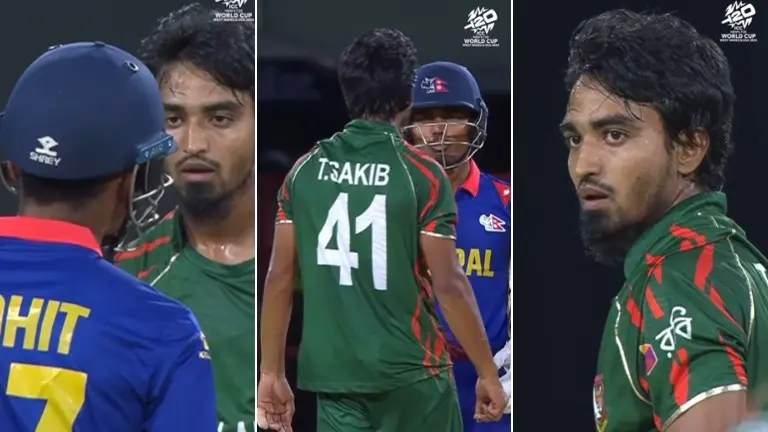 Nepal captain involved in fiery exchange with Bangladesh pacer in tense T20 World Cup game - WATCH Tanzim Hasan Sakib and Rohit Paudel