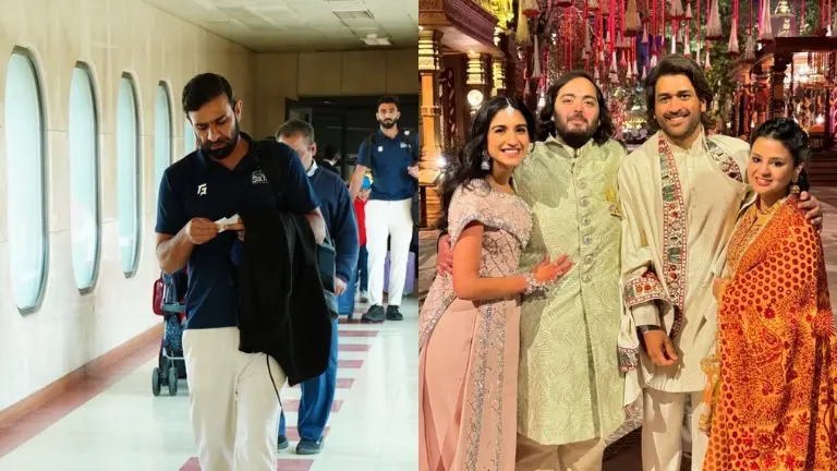 Pakistan cricketer sparks meme fest with 'Ambani pre-wedding invitation' post on social media Iftikhar Ahmed on the left, Dhoni with Anant Ambani on the right