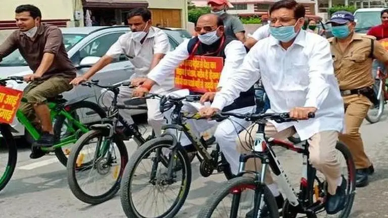 Uttarakhand Congress chief takes out cycle rally to protest against rising fuel prices Congress