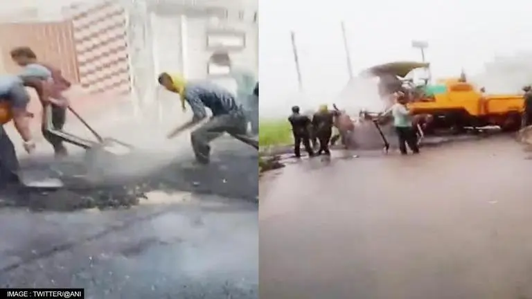 Punjab: 4 PWD officers suspended after video of road construction amid rain goes viral Road construction in Punjab's Hoshiyarpur