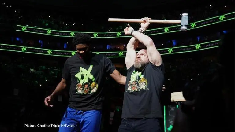 Philadelphia 76ers have WWE icon Triple H ring the bell before Game 1 vs Hawks Philadelphia 76ers had WWE icon Triple H ring the bell before Game 1 vs Hawks