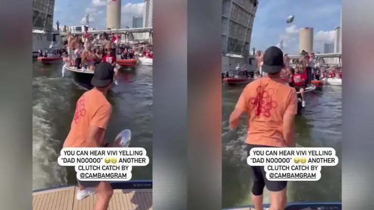 Tom Brady's daughter Vivi yells 'DAD, NO!' as he tosses Lombardi Trophy to Gronk's boat tom brady