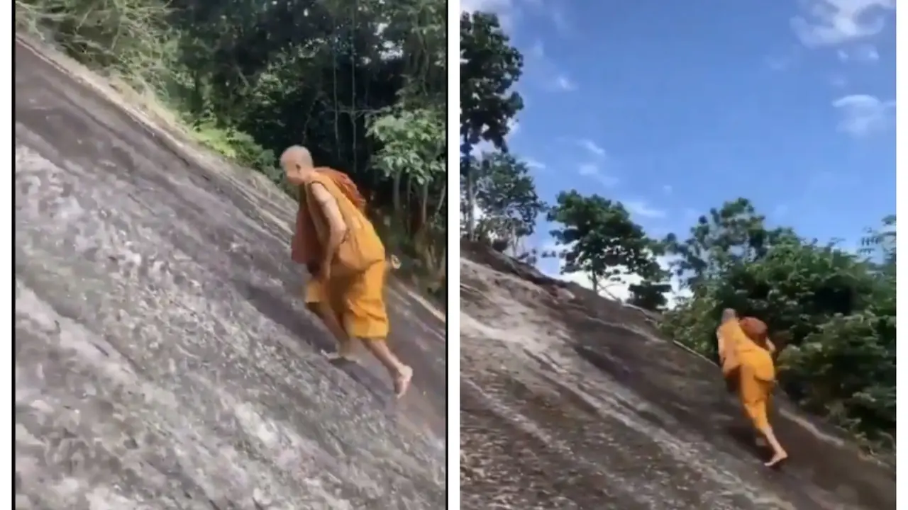 Viral Video: Monk Climbs Hill Without Ropes, Netizens Reacted Monk Climbs Hill Without Ropes
