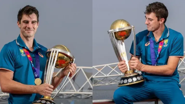 Australia captain Pat Cummins poses with ODI World Cup trophy at Sabarmati Riverfront in Ahmedabad Pat Cummins with World Cup trophy