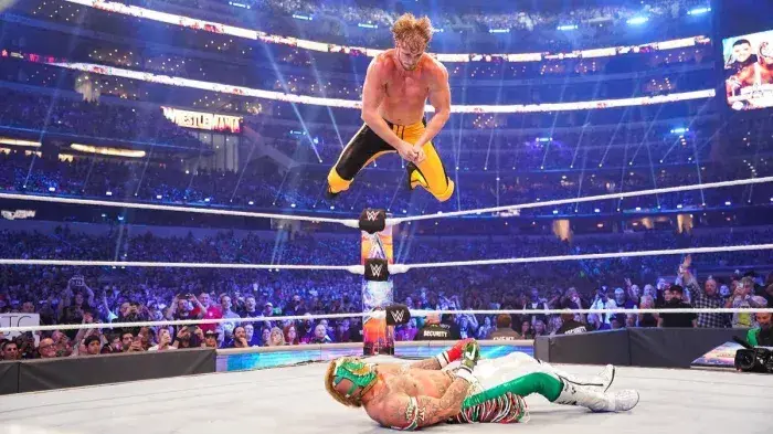 Logan Paul in action against Rey Mysterio at WrestleMania