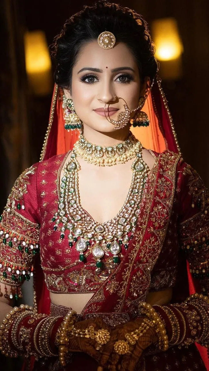Photo of Red lehenga with green jewellery with beads