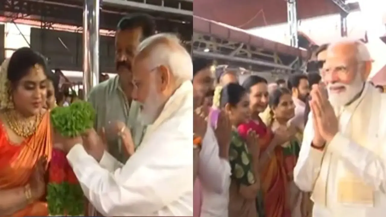 PM Narendra Modi Attends Suresh Gopi's Daughter's Wedding in Thrissur District, Meets Mohanlal PM Modi at Suresh Gopi's daughter's wedding