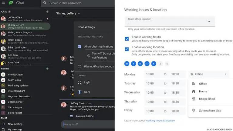 Google Chat Web App gets Dark Mode support; Google Calendar to add work location feature Google Chat Web App gets Dark Mode support, Google Calendar to add work location feature
