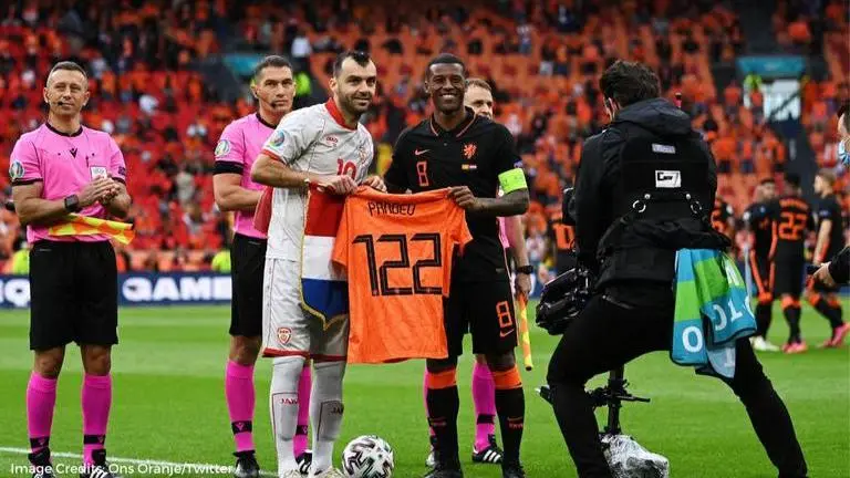 Netherlands gift North Macedonia great Goran Pandev customised jersey before final game