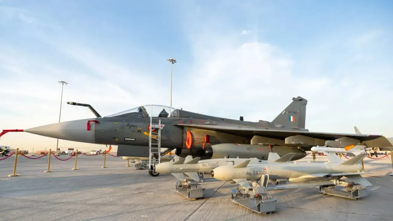 HAL Tejas showcased in a static display featuring the integration of Al Tariq LR-PGMs during the Dubai Airshow 2023.