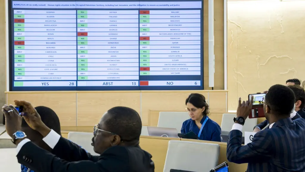 UN Human Rights Council Adopts Resolution Calling for Halt on Weapon Shipments to Israel A screen showing the result of the UNHRC vote on the resolution calling for a halt to weapon shipments being sent to Israel.